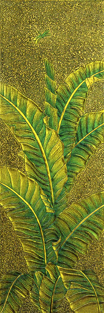Etched and Painted Art Glass Mural "Banana Leafs" PGA243