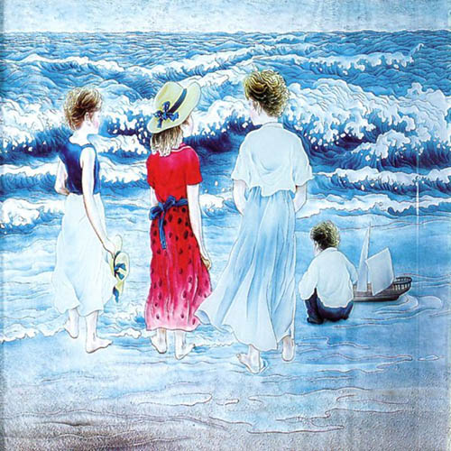 Carved and Painted Glass panel with an image of Children on the Beach