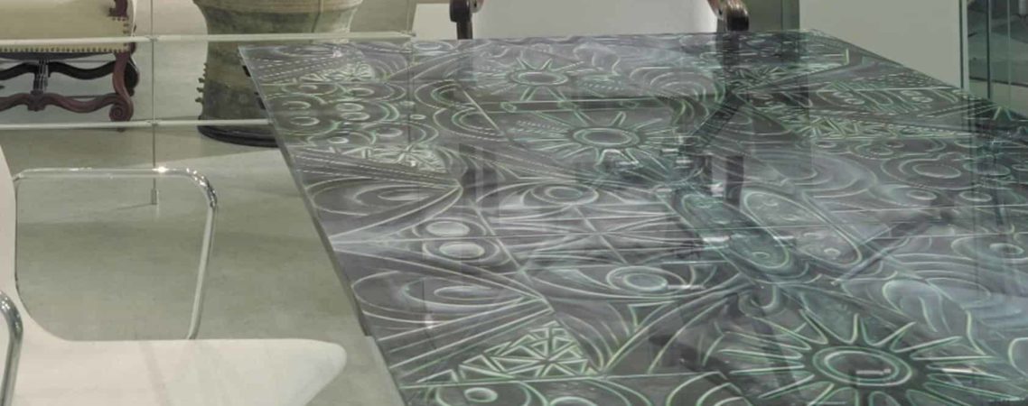 Acid Etched and Carved Glass Table Top With Abstract Designs In Turquoise And Gray