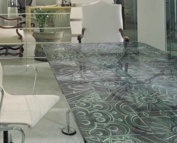 Acid Etched and Carved Glass Table Top With Abstract Designs In Turquoise And Gray
