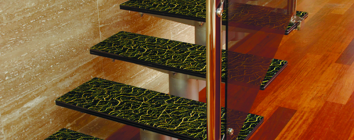 Acid Etched Glass Stairs in Green and Golden Patterns