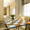 Deep Carved Glass Table Top With Multicolored Colored Squares