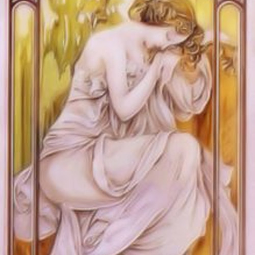 Textured Glass Shower Door Featuring a Figure Of A Women In Art Deco Style
