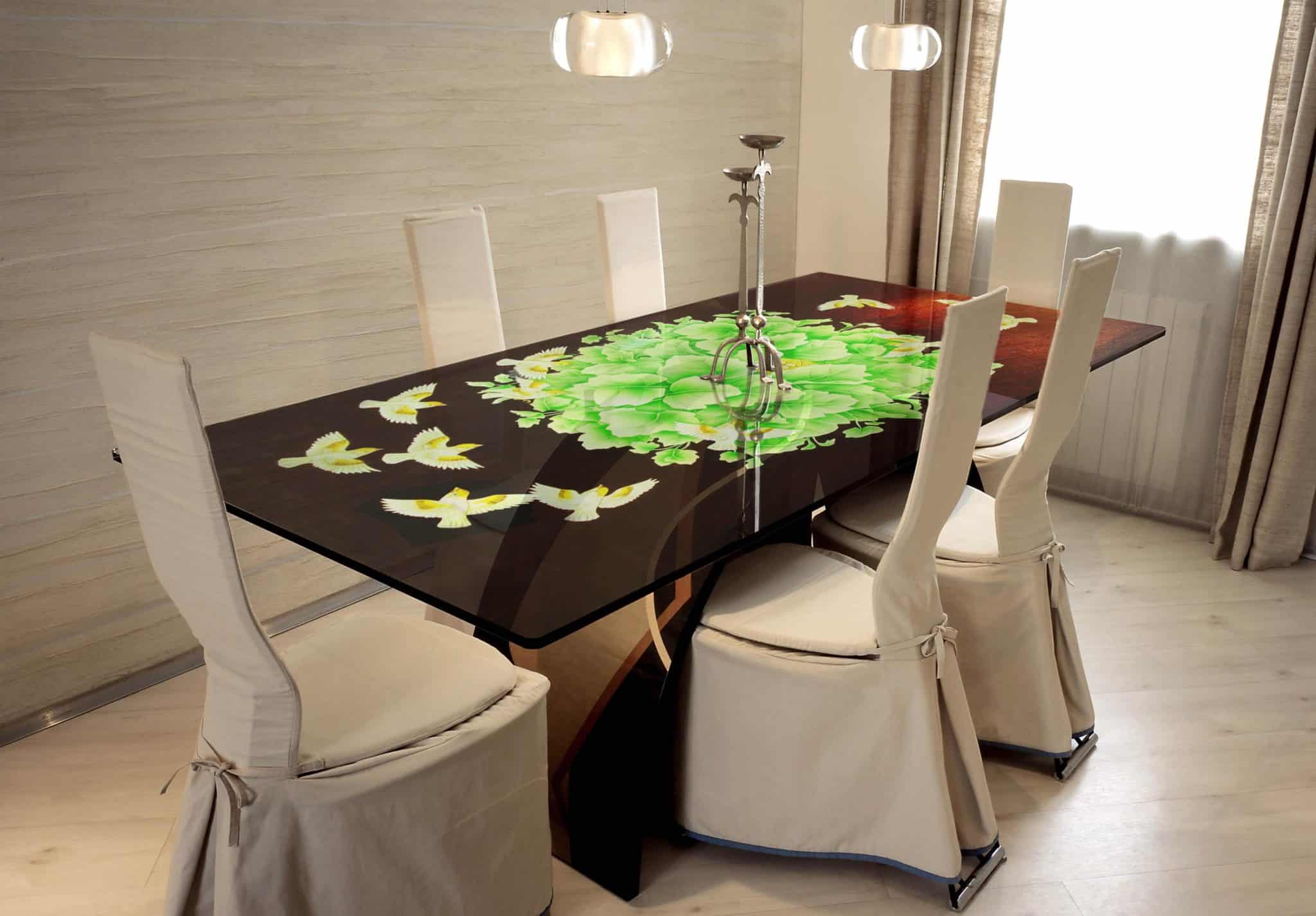 Carved Glass Table Top of Floral Leaves on Brown Background