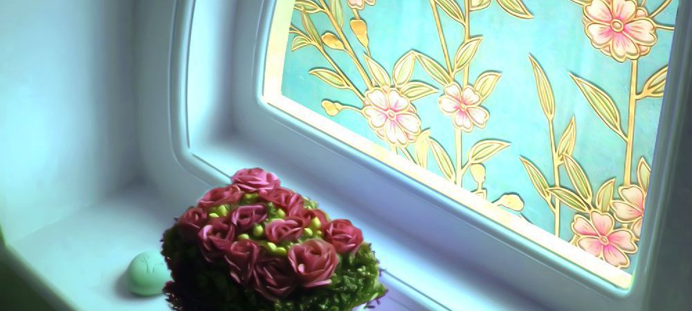Small bathroom window blue with pink flowers and green leaves design __ PGC561