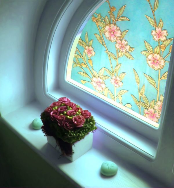 Small bathroom window blue with pink flowers and green leaves design __ PGC561
