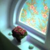 Small bathroom window blue with pink flowers and green leaves design __ PGC561