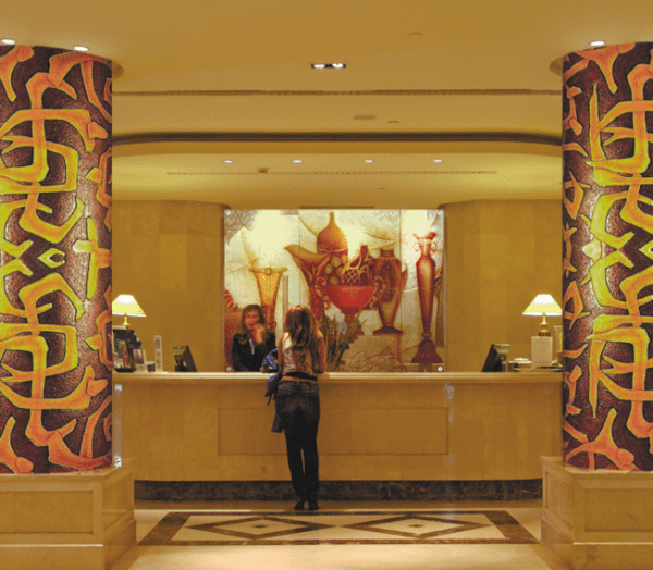 Deep Carved Glass Decorative Murals and Curved Glass Columns