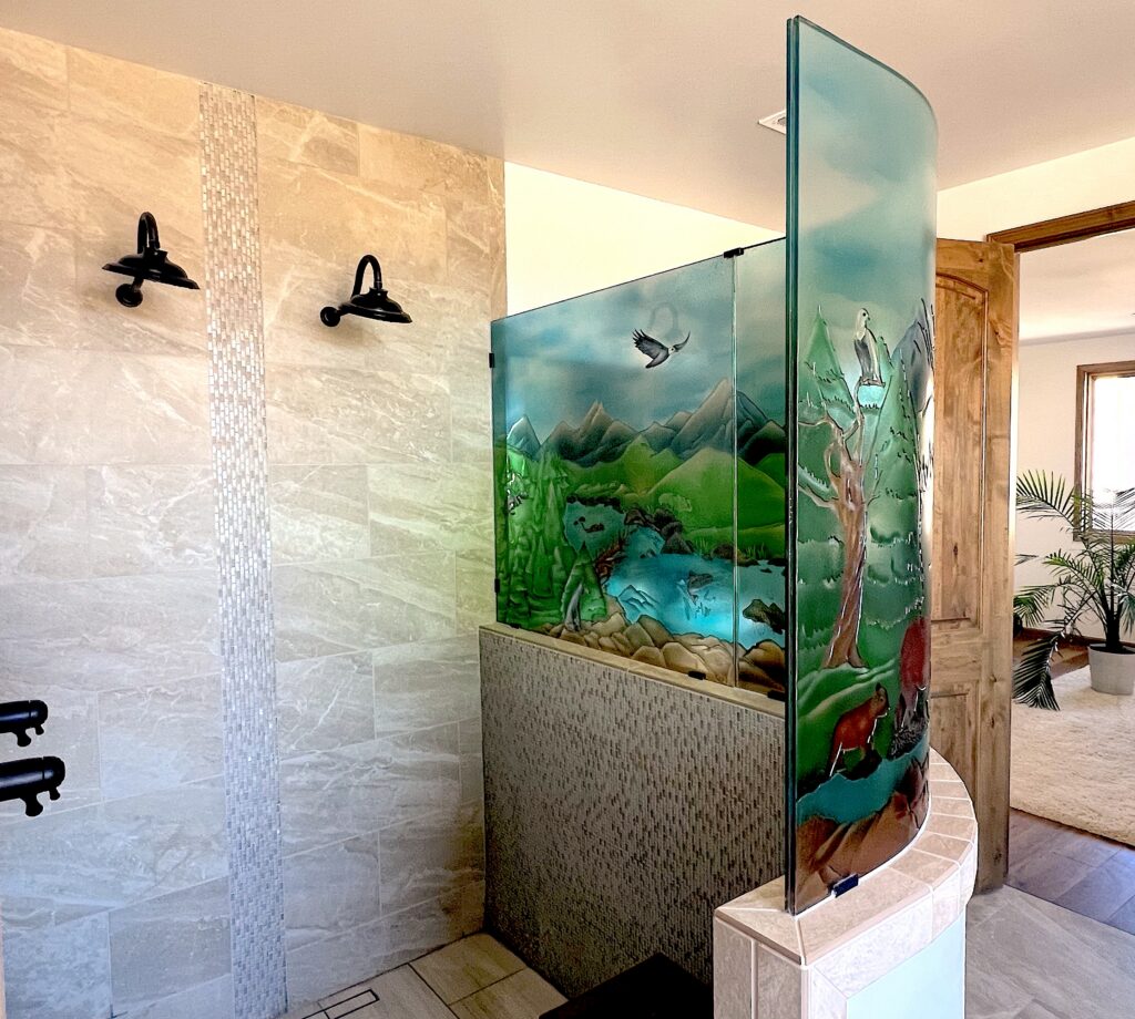 Custom Shower Wall of Bend and Laminated Carved Glass I Palace of Glass USA