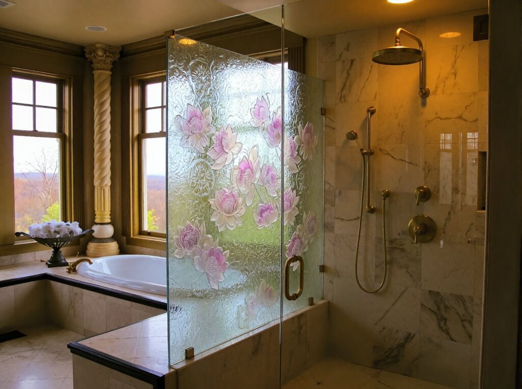 Privacy Glass Etched Partition Palace of Glass Flowers in Pink
