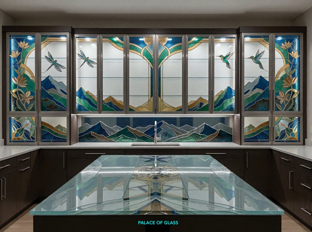Palace of Glass Cabinet Glass 125 Art Deco Mountains Dragonflies and Humming Birds