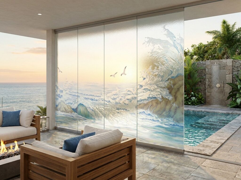 Custom Glass Partition Etched and Carved Ocean Wave