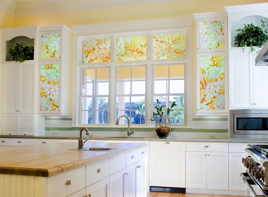The Image of White Colour Decorative Window Glass Panels in Eight Glass Partitions For Kitchen